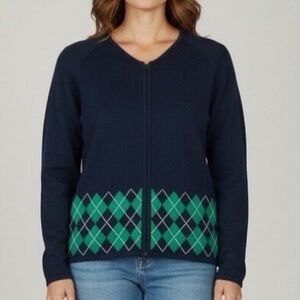 Vintage‎ Pendleton Argyle Full Zip Cardigan Sweater Silk Blend MP Black Green